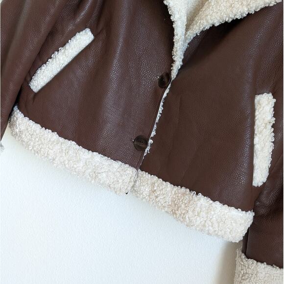 NA-KD Lisa & Lena Brown Aviator Teddy Faux Leather Button Jacket, sz EU 38/US 8 - Picture 5 of 13